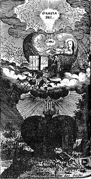 Seventh of the mystical heart diagrams of Paul Kaym, in The Helleleuchtender Hertzens-Spiegel, Amsterdam and Gdansk, Hei
