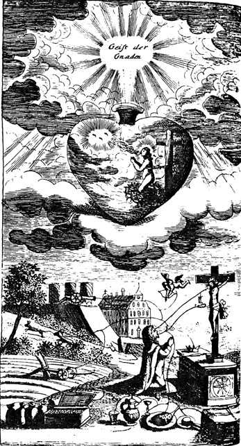 Eleventh of the mystical heart diagrams of Paul Kaym, in The Helleleuchtender Hertzens-Spiegel, Amsterdam and Gdansk, He